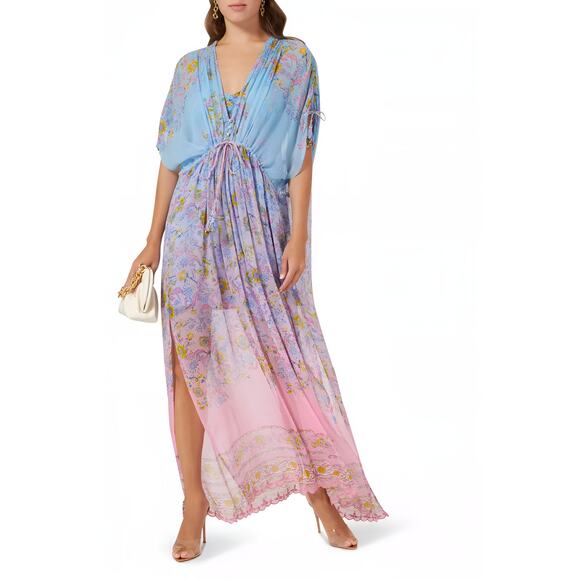 Hemant & Nandita Kaftan Floral Maxi Dress Ombre Blue Pink Size XS NWT